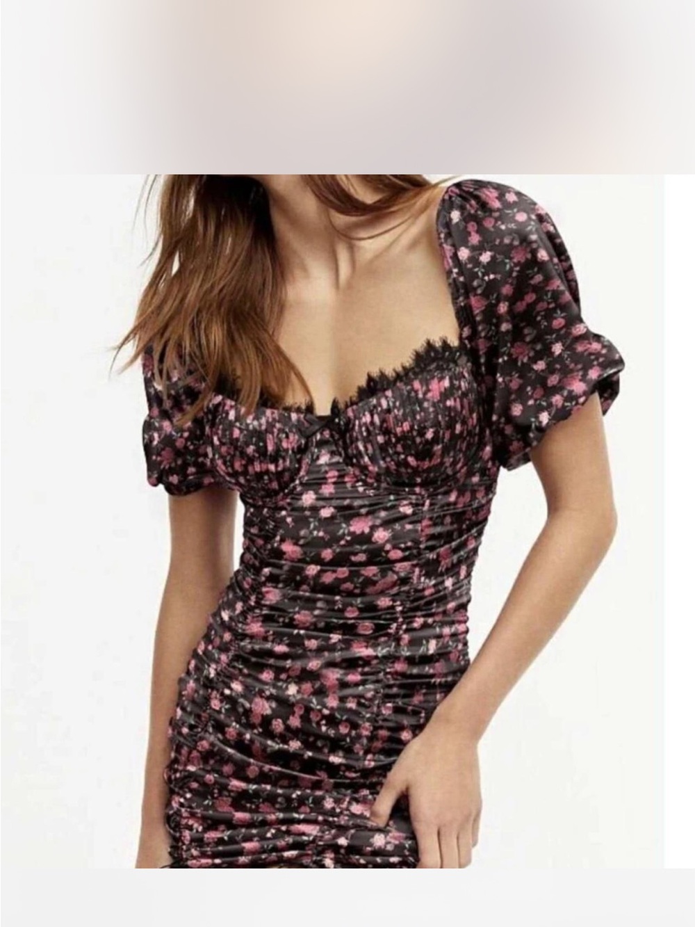 For Love & Lemons Black Mini Dress with Pink Floral Print